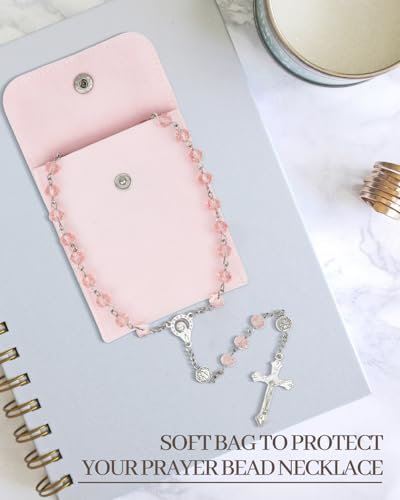 Rosary Beads for Women - Catholic Rosary Beads with Cross, Pink Crystal Rosary Necklace with Velvet Pouch, Religious Gifts for Women - color: Pink