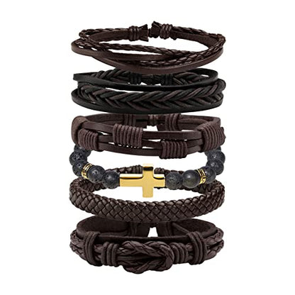 MILAKOO 6 Pcs Braided Leather Bracelet for Men Women Wooden Beaded Cuff Wrap Bracelet Adjustable - color: B: Brown