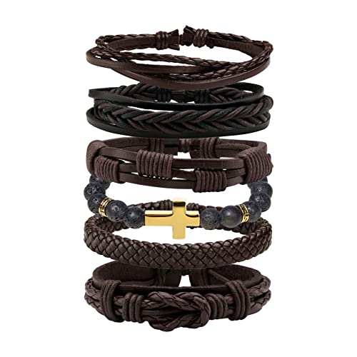 MILAKOO 6 Pcs Braided Leather Bracelet for Men Women Wooden Beaded Cuff Wrap Bracelet Adjustable - color: B: Brown