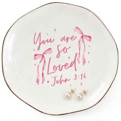 Jewelry Dish Pink Bow Ring Dish, Christian Jewelry Tray, Ceramic Trinket Dish Inspirational Faith Gift for Women, Baptism, Confirmation, Birthday - color: You Are So Loved.