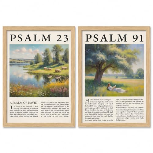 Religion Canvas Wall Art 2Pcs Framed Psalm Bible Verse Landscape 16x12 Inch
