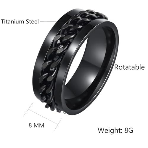 Mens Fidget Rings Anxiety Ring for Men 6mm 8mm Chain Spinner Ring Size 5-14 - color: Black Black
