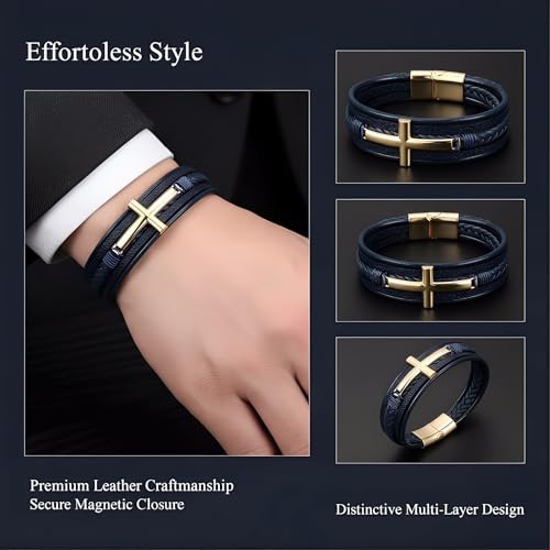 Stainless Steel Braided Leather Bracelet for Men Cuff Bangle Cross - color: Blue&Gold