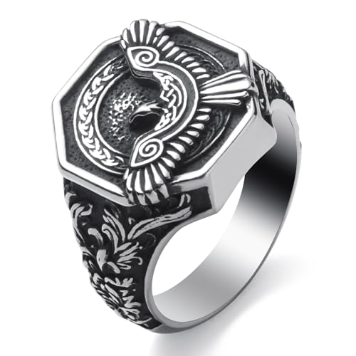 Viking Rings Stainless Steel Viking Norse Runes Wolf Raven Ring Jewelry for Men Women Size 7/8/9/10/11/12/13 - style: Viking Raven