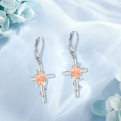 Flower Cross Earrings 925 Sterling Silver Daisy Butterfly Lily Violet Mushroom Dangle Drop Earrings Birth Flower Jewelry for Women Birthday Christmas Gifts - style: Lily Cross