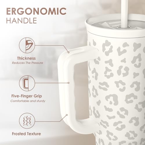 SANDJEST Leopard Tumbler with Handle, Insulated Cup Stainless Steel Travel Mug Cup, Gifts for Women Girl on Birthday Christmas, Cream Leopard, 40oz - color: Cream Leopard
