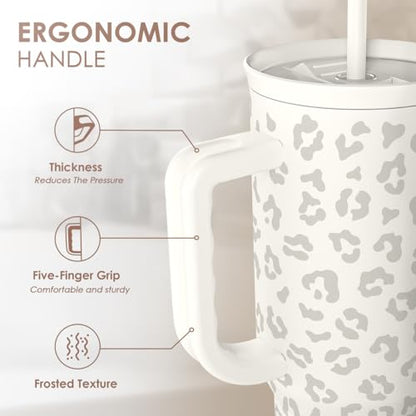 SANDJEST Leopard Tumbler with Handle, Insulated Cup Stainless Steel Travel Mug Cup, Gifts for Women Girl on Birthday Christmas, Cream Leopard, 40oz - color: Cream Leopard
