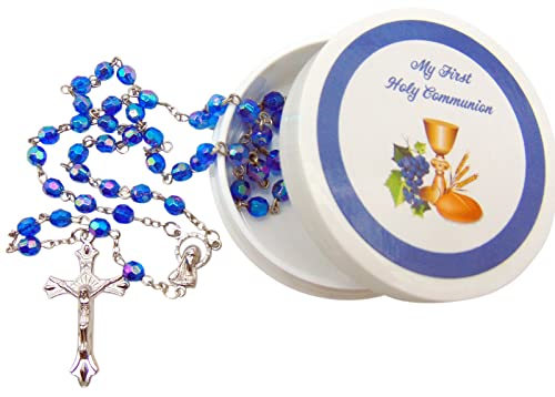 First Communion Rosary Blue Glass Beads Chalice Crucifix Protective Case