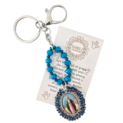 Sabeli Handmade Keychain Clip Holder - Catholic Rosary Bead Prayer - Religious Gifts Men Women - Llavero Catolico Regalo - color: Virgin Mary Dark Blue