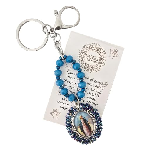 Sabeli Handmade Keychain Clip Holder - Catholic Rosary Bead Prayer - Religious Gifts Men Women - Llavero Catolico Regalo - color: Virgin Mary Dark Blue