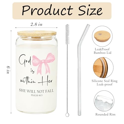 IWXYI Pink Coquette Bow Christian Glass Cup with Lids and Straws 14oz, God Is within Her She Will Not Fall Bible Verse Religious Iced Coffee Tea Drinking Glasses with Cleaning Brush - color: Pink bow