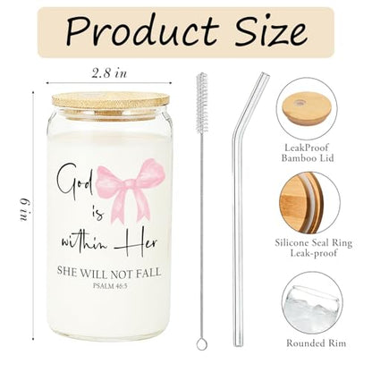 IWXYI Pink Coquette Bow Christian Glass Cup with Lids and Straws 14oz, God Is within Her She Will Not Fall Bible Verse Religious Iced Coffee Tea Drinking Glasses with Cleaning Brush - color: Pink bow