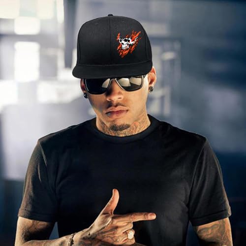 Skull Flat Bill Hats for Men Women Adjustable Dad Trucker Hat Skeleton Snap Backpack Hats for Hip-hop Running Cycling - color: Fire Skeleton