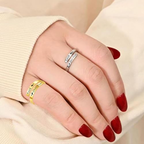 Faith Over Fear Cross Inspirational Rings, S925 Silver Adjustable Tiny Purity Christian Wrap Ring Christian Blessed Hope Encouragement Ring Christmas Graduation Cocktail Party Jewelry Gifts for Women - color: Gold