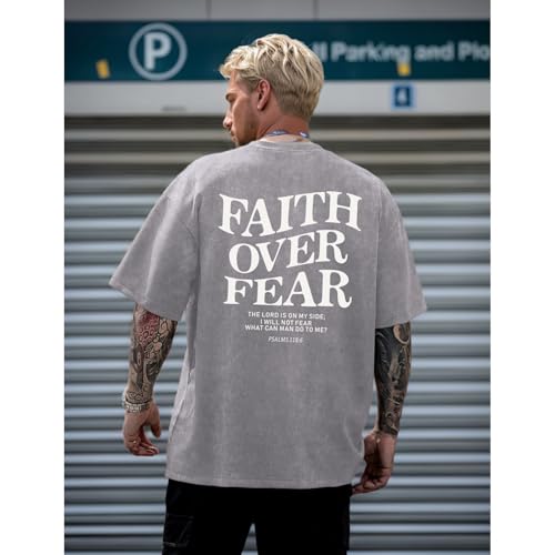 Christian Faith Over Fear Shirt for Men Jesus Religious Shirts Oversized Graphic Tees Acid Wash God T-Shirt - color: Light Gray, size: X-Small
