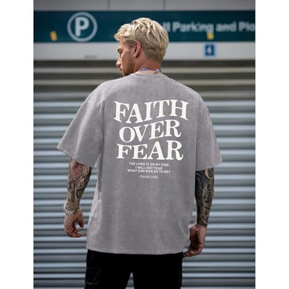 Christian Faith Over Fear Shirt for Men Jesus Religious Shirts Oversized Graphic Tees Acid Wash God T-Shirt - color: Light Gray, size: Medium