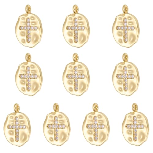 10Pcs Cross Charms for Jewelry Making Flat Irregular Religious Christianity Crystal 18K Gold Plated Charms Brass Cubic Zirconia Pendants for Earring Bracelet Necklace DIY Supplies