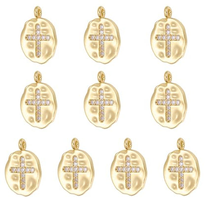 10Pcs Cross Charms for Jewelry Making Flat Irregular Religious Christianity Crystal 18K Gold Plated Charms Brass Cubic Zirconia Pendants for Earring Bracelet Necklace DIY Supplies