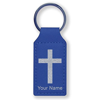 LaserGram Rectangle Keychain, Christian Cross, Personalized Engraving Included - color: Dark Blue