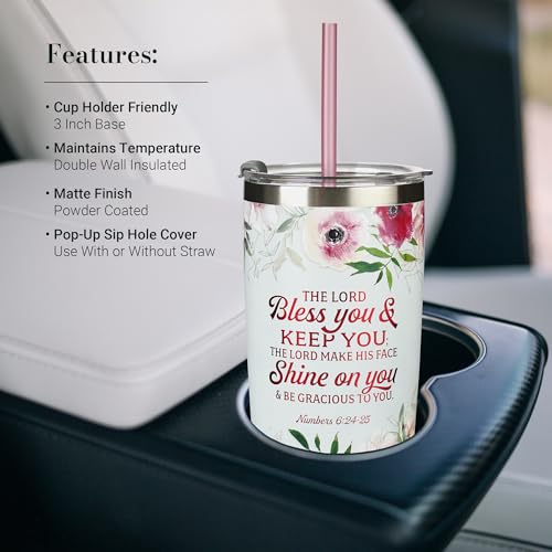 Christian Art Gifts Stainless Steel Double-Wall Vacuum Insulated Tumbler w/Straw & Lid 18 oz Pink Floral Inspirational Bible Verse Travel Mug for Women- Bless You and Keep You -Numbers 6:24-25 - color: Multicolor/Bless You