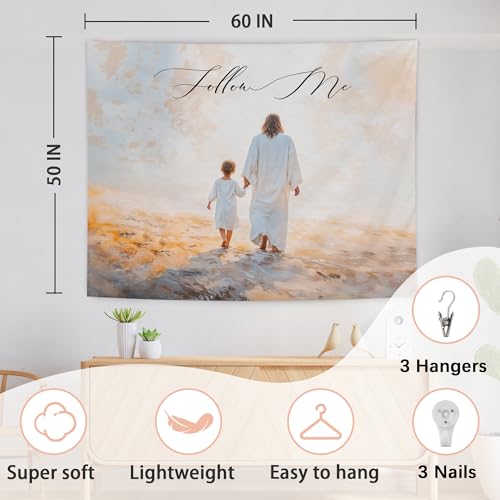 AQYIP Jesus with Kid Christian Tapestry, Follow Me Bible Verse Tapestry Decorative, Christian Religious Jesus Wall Tapestries Blanket Decor for Home Office Church Prayer Room, 50x60 Inch - color: follow me