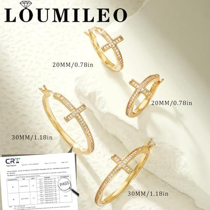 LOUMILEO Sterling Silver Cross Hoop Earrings for Women Rhinestone 20-40MM - color: Gold 40MM