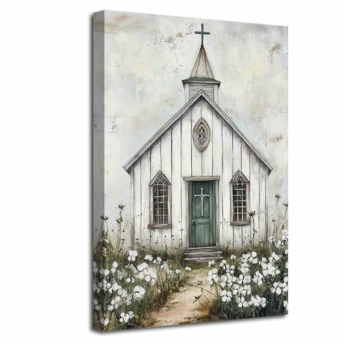 LZIMU Christian Church Wall Art Country Farmhouse Church Picture Religious Faith Cross Painting Rustic Vintage Wildflowers Canvas Print Gray Artwork Home Decor (20L x 16W) - size: 20"L x 16"W