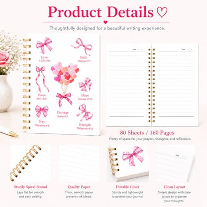 Christian Gift Journal for Women & Teen Girls, Cute Pink Prayer Journal with Coquette Bow Cover, Spiral Notebook for Bible Study, Faith Journaling, Gratitude & Daily Writing, 5.7 x 8.3 Lined Notebook, 160 Pages - color: Pink