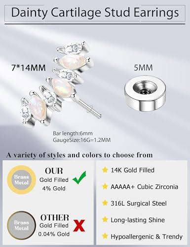 JeryWe Cartilage Earrings for Women Hypoallergenic Helix Piercing Jewelry - color: I:opal-silver filled