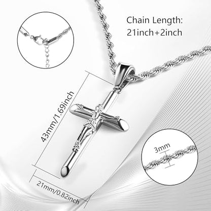 ALEXCRAFT Sterling Silver Plated Cross Necklace for Men Gold Plated Cross Necklaces for Women Trendy Stainless Steel Crucifix Pendant with 3mm 21inch Rope Chain - color: Silver-21in