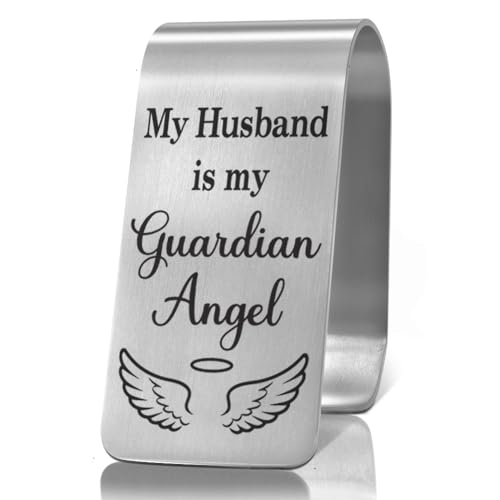 XQLZY My Husband is My Guardian Angel Engraved Stainless Steel Car Visor Clip, Inspirational Guardian Angel Safe Driving Gifts for Wife Couple, Travel Visor Car Accessories, Drive Safe Reminder Gifts - color: Sliver071