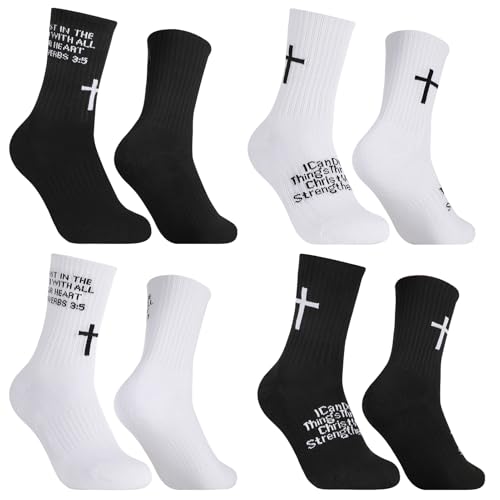 4 Pairs Christian Cross Socks Prayer Religious Socks - color: Black, White