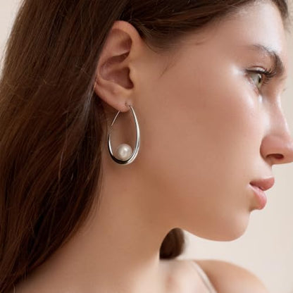 Lightweight Teardrop Hoop Earrings for Women - 14k Gold/White Gold Plated Large Oval Pull Through Hoop Earrings High Polished Statement Jewelry Gift for Women - color: Silver Pearl