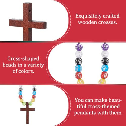 WEBEEDY 333 Pcs Wooden Cross Necklace DIY Christian Cross Rosary Bracelet Necklace Making with Colorful Beads for Rosary Making Jewelry Making Christian Gifts