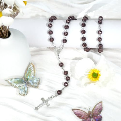 Coffee Pearl-Style Rosary Necklace with Metal Gift Box, 8mm, 22 Inch - color: Coffee color
