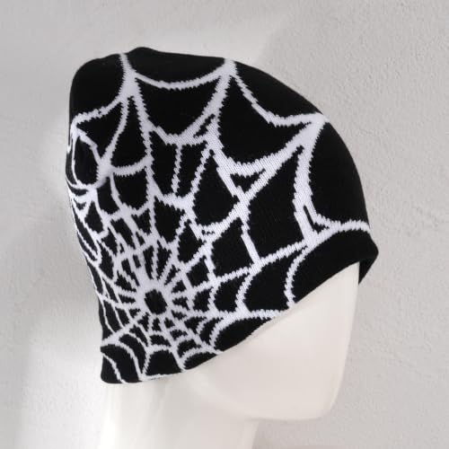 Unisex Stretch Warm Winter Skull Cap, Cold Weather Knit Beanie - color: White Spider Web Pattern