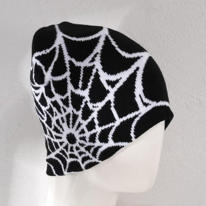 Unisex Stretch Warm Winter Skull Cap, Cold Weather Knit Beanie - color: White Spider Web Pattern
