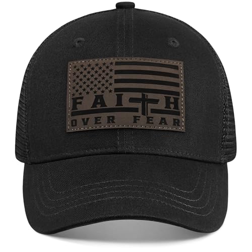 Faith Over Fear Christian Hats for Men Women, American Flag Trucker Hat, Religious Gifts for Thanksgiving Christmas - color: Black
