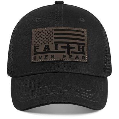 Faith Over Fear Christian Hats for Men Women, American Flag Trucker Hat, Religious Gifts for Thanksgiving Christmas - color: Black