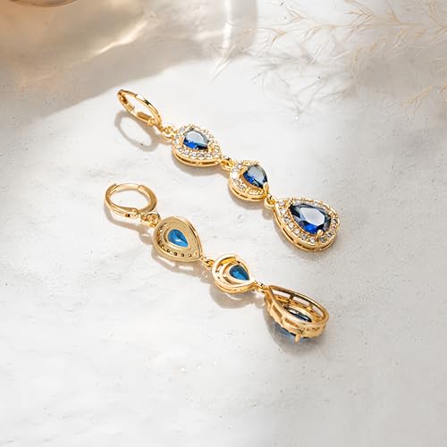 18K Gold Plated, Dangle Earrings for Women, Flower/Heart Drop earrings, Hypoallergenic Cubic Zirconia Earrings, Lightweight, Party, gold earrings, Jewelry for Gifts, Fashion - style: 0354-Navy