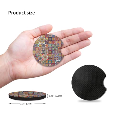Boho Absorbent Neoprene Car Coasters, 2.75inch Mandala Style, 2 Pack Universal with Finger Slot - color: Multicolor