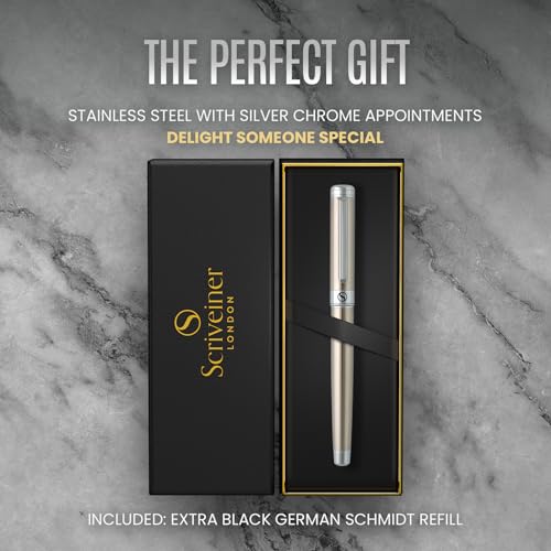 Scriveiner Stainless Steel Rollerball Pen - Stunning Luxury Metal Pen with Silver Chrome Finish, Schmidt Ink Refill, Best Roller Ball Pen Gift Set for Men & Women - color: 16. Stainless Steel with Chrome