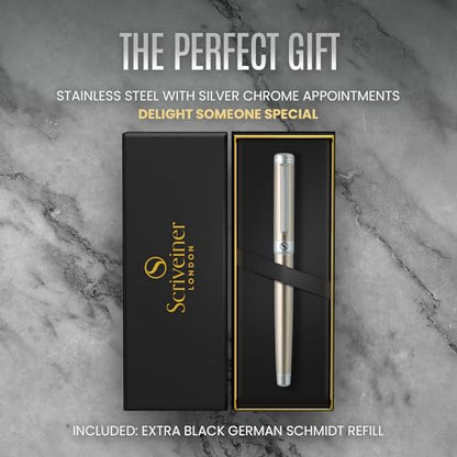 Scriveiner Stainless Steel Rollerball Pen - Stunning Luxury Metal Pen with Silver Chrome Finish, Schmidt Ink Refill, Best Roller Ball Pen Gift Set for Men & Women - color: 16. Stainless Steel with Chrome