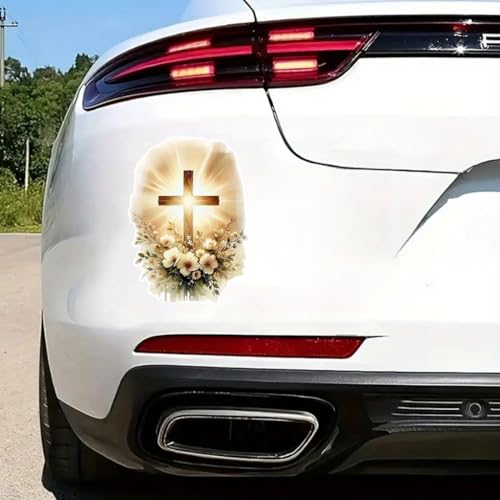 2 Pcs Christian Cross Floral Car Decal Sticker, Glowing Cross with Flowers, Bumper Window Sticker, 5 in Vinyl Decal, Waterproof,Die-Cut for Cars,Windows,Laptops SZJ-02D