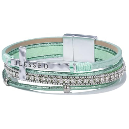 Christian Cross Leather Bracelets Boho Western Blessing Religious Jewelry - color: Green