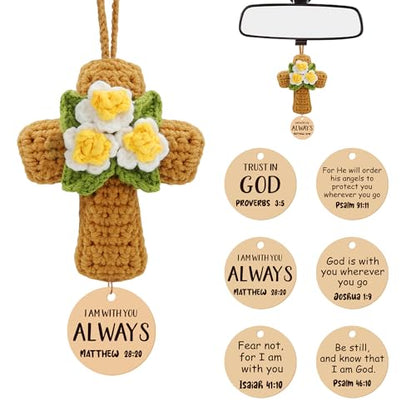 Crochet Cross with Flowers – Christian Car Air Freshener, Rearview Mirror Hanging Accessories, Bible Verse Car Decor, Christian Car Accessories, Religious Gifts for Women
