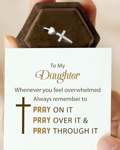 To My Daughter Ring from Mom 925 Sterling Silver Cross Ring Pray on/over/through It Rings Adjustable Anxiety Relief Rings Inspirational Cheer up Birthday Gifts for Daughter - color: A1:daughter ring