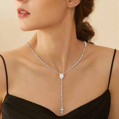 Rosary Cross Necklace for Women, Gold Plated Silver Black Virgin Mary Rosary Bead Necklace Catholic Jewelry - color: Silver