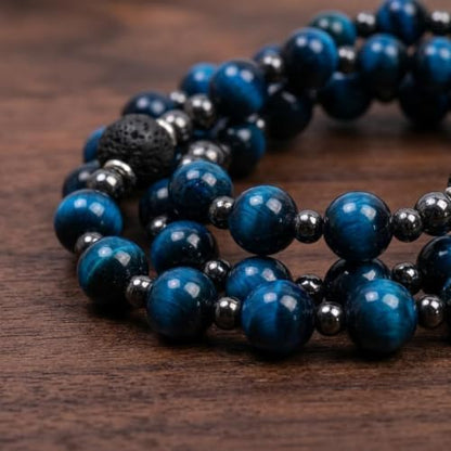 Nazareth Store Blue Tiger Eye Rosary Beads, Handmade Catholic Rosary Necklace with Lava Stone Beads and Our Father Crucifix, Five Decade Prayer Rosary, Religious Gift - style: Miraculous