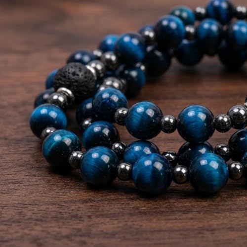 Nazareth Store Blue Tiger Eye Rosary Beads, Handmade Catholic Rosary Necklace with Lava Stone Beads and Our Father Crucifix, Five Decade Prayer Rosary, Religious Gift - style: Our Father